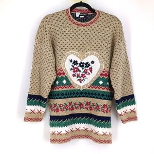 Vintage New Concepts Floral Heart Pattern Fair Isle Crewneck Sweater Medium